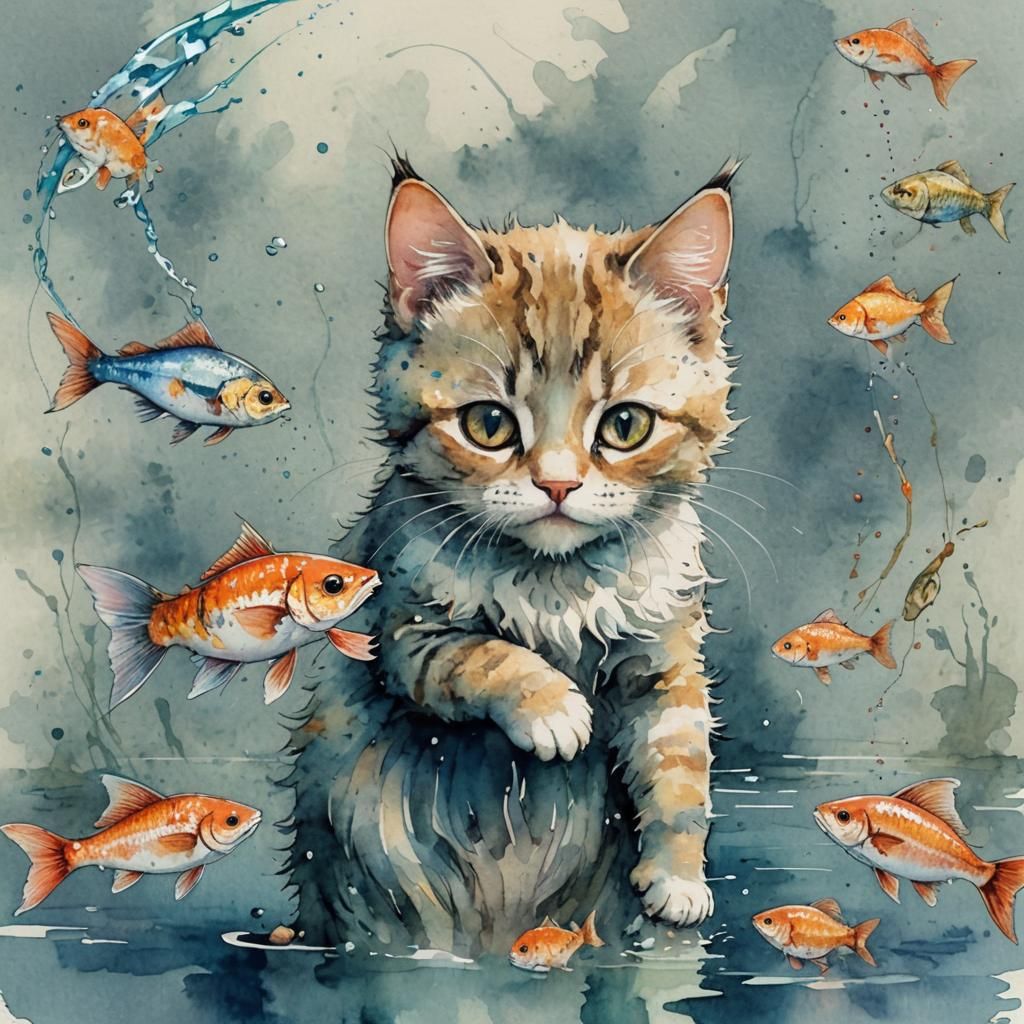 Whimsical Chibi Cat Holding Fish in Delicate Watercolour