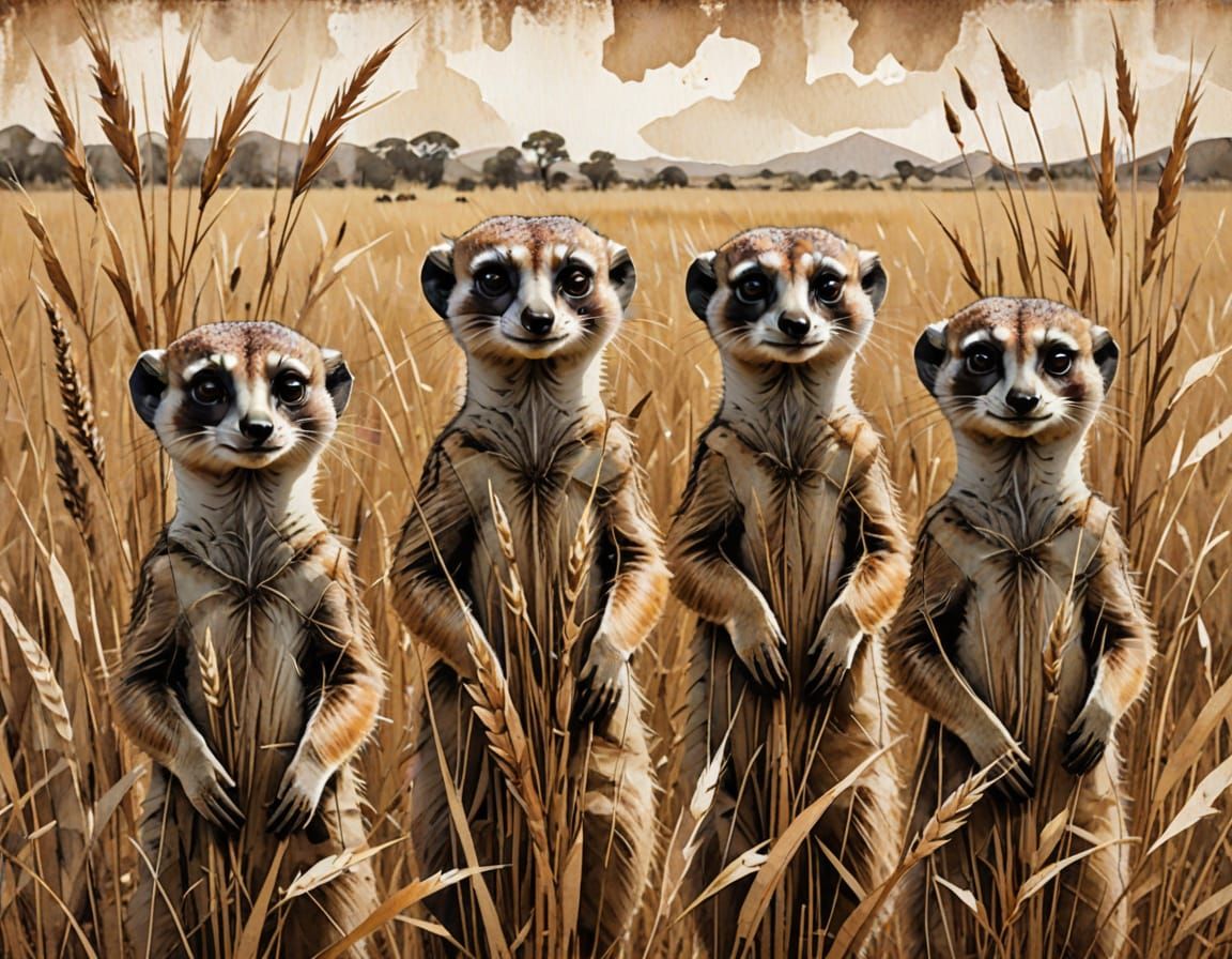 Meerkats in Grassland: A Mixed Media Collage