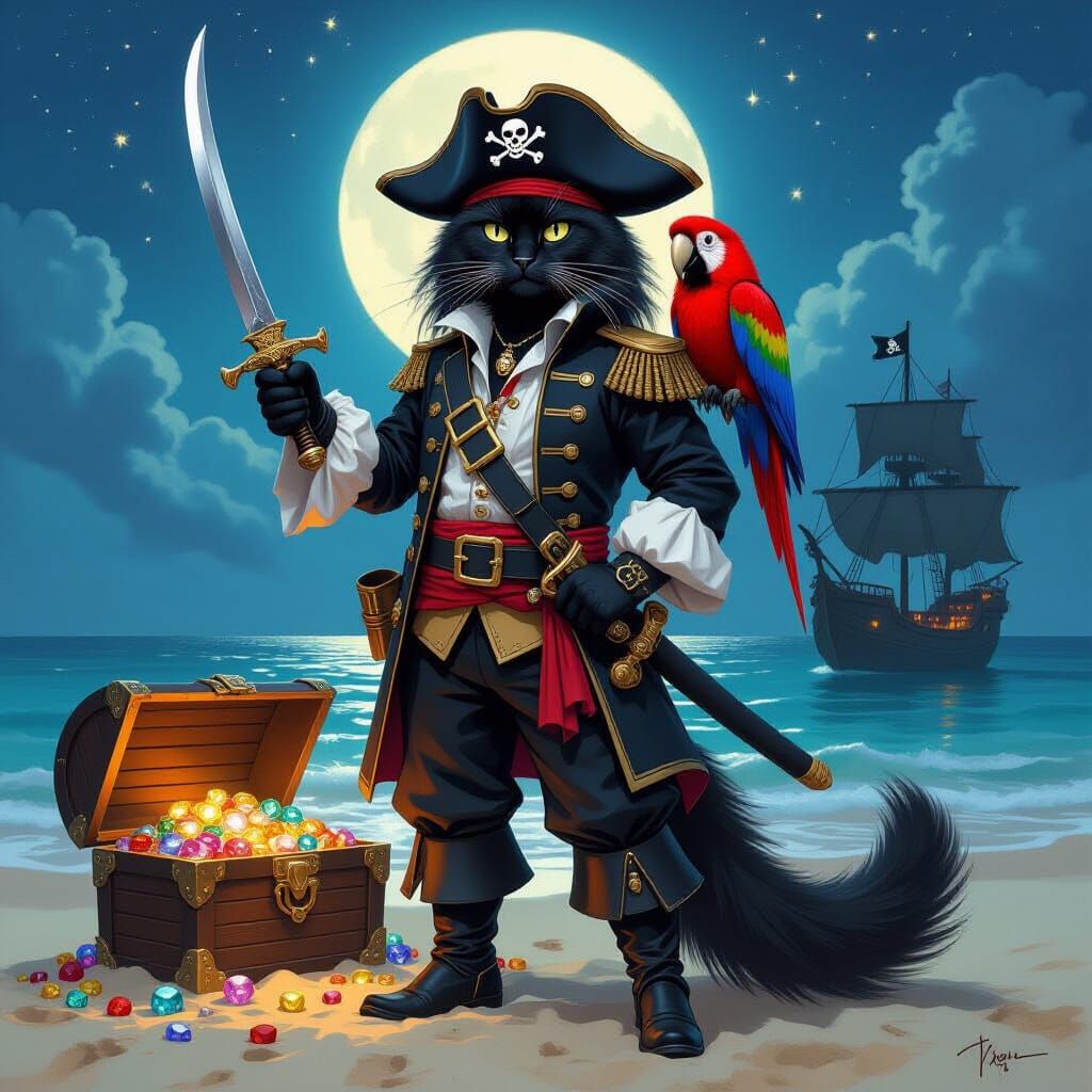 Cat Pirate on Moonlit Island in Vibrant Comic Style