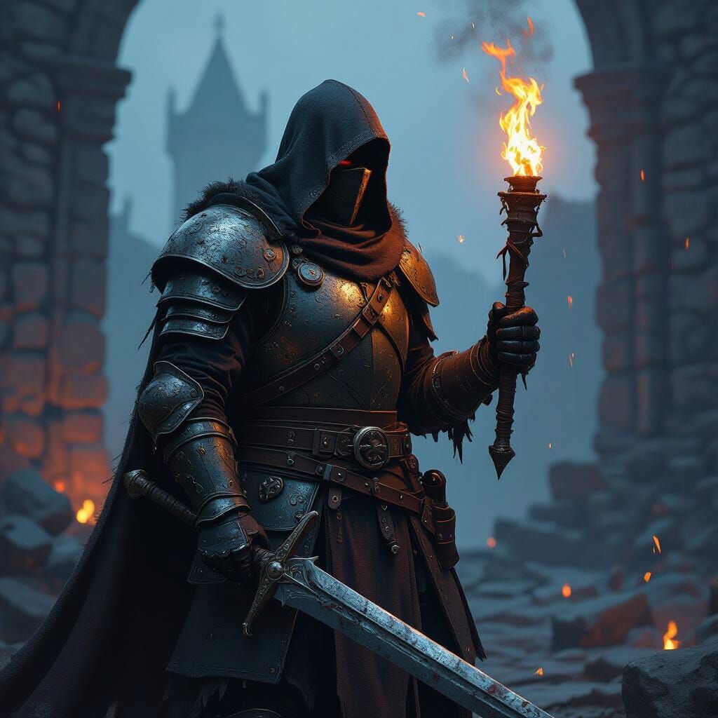 Dark Fantasy Bandit Amidst Medieval Ruins, Matte Painting St...