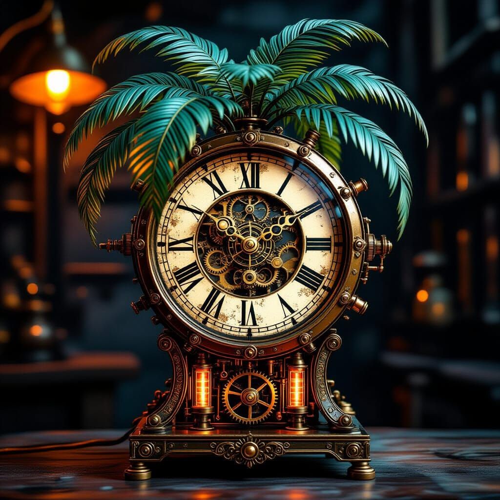 Antique Steampunk Palm Tree Clock with Intricate Gears