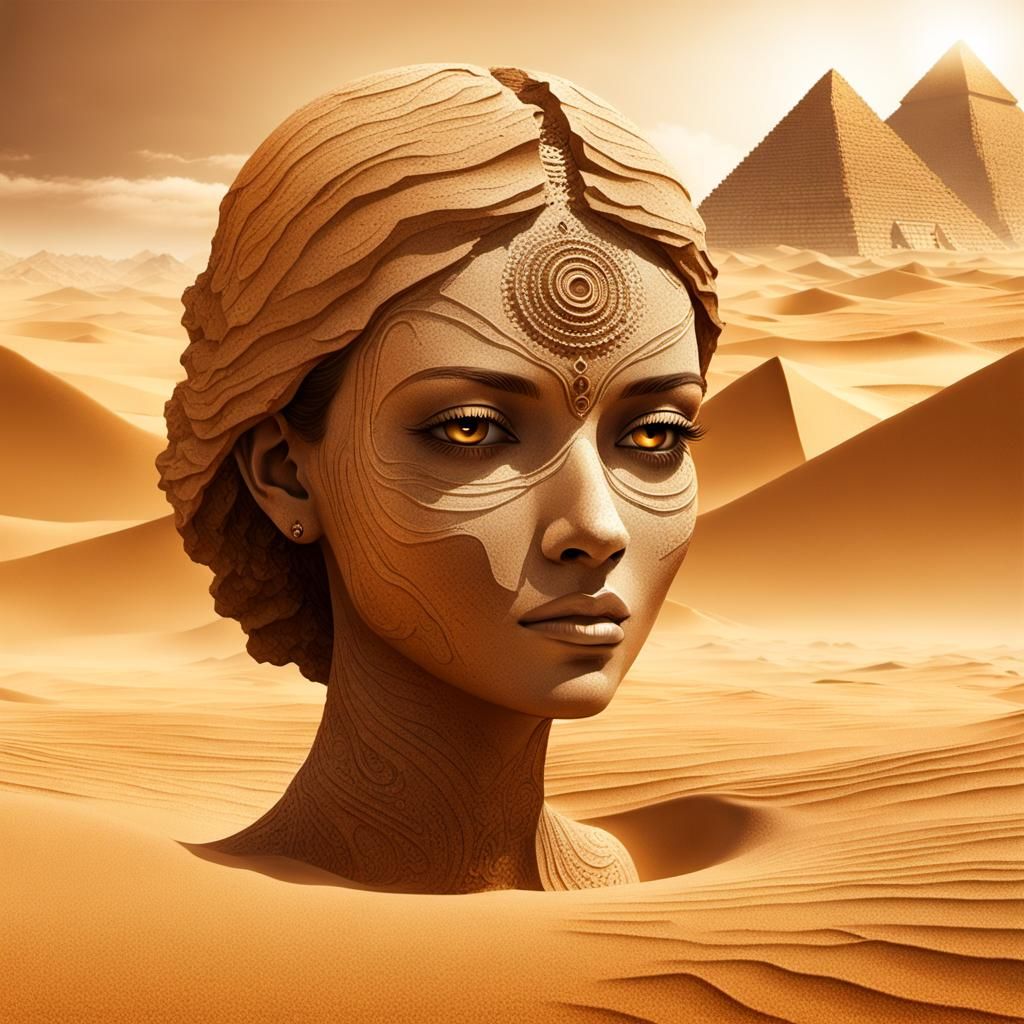 Surreal Sandgirl Transforms in Sepia Desert Landscape