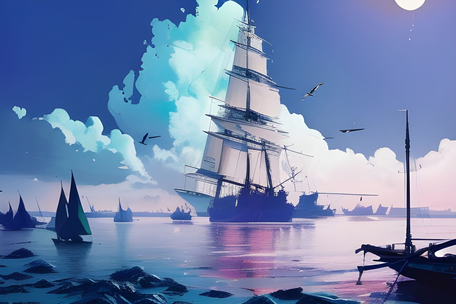 Sunlit Sailing Ship on the Sea