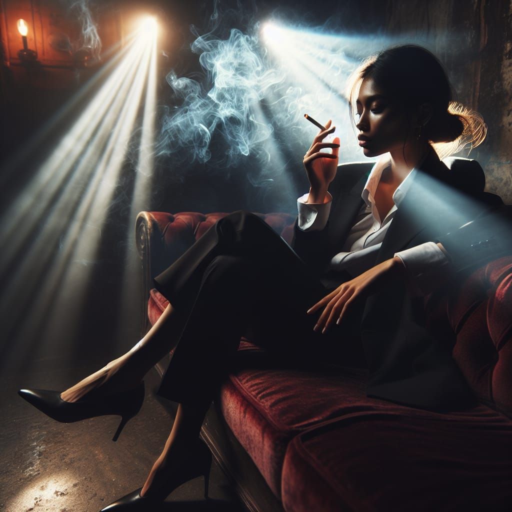 Mysterious Woman in a Smoky, Dimly Lit Room