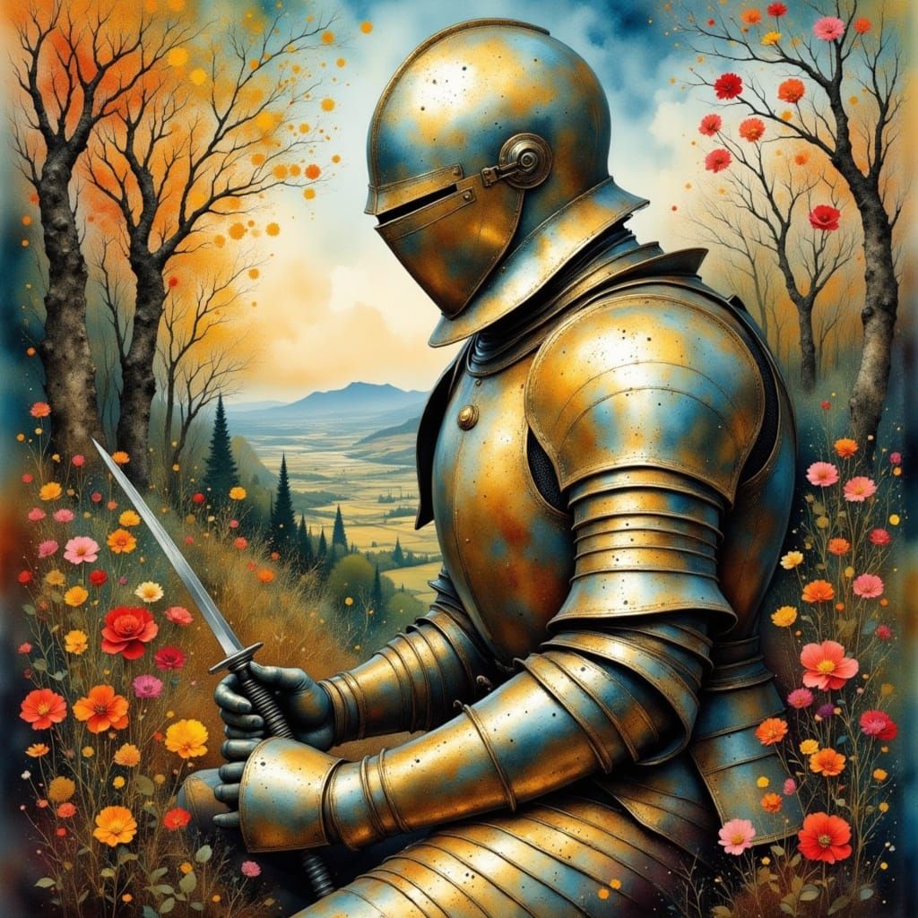 Samurai in Renaissance Landscape with Oil Painting Technique...