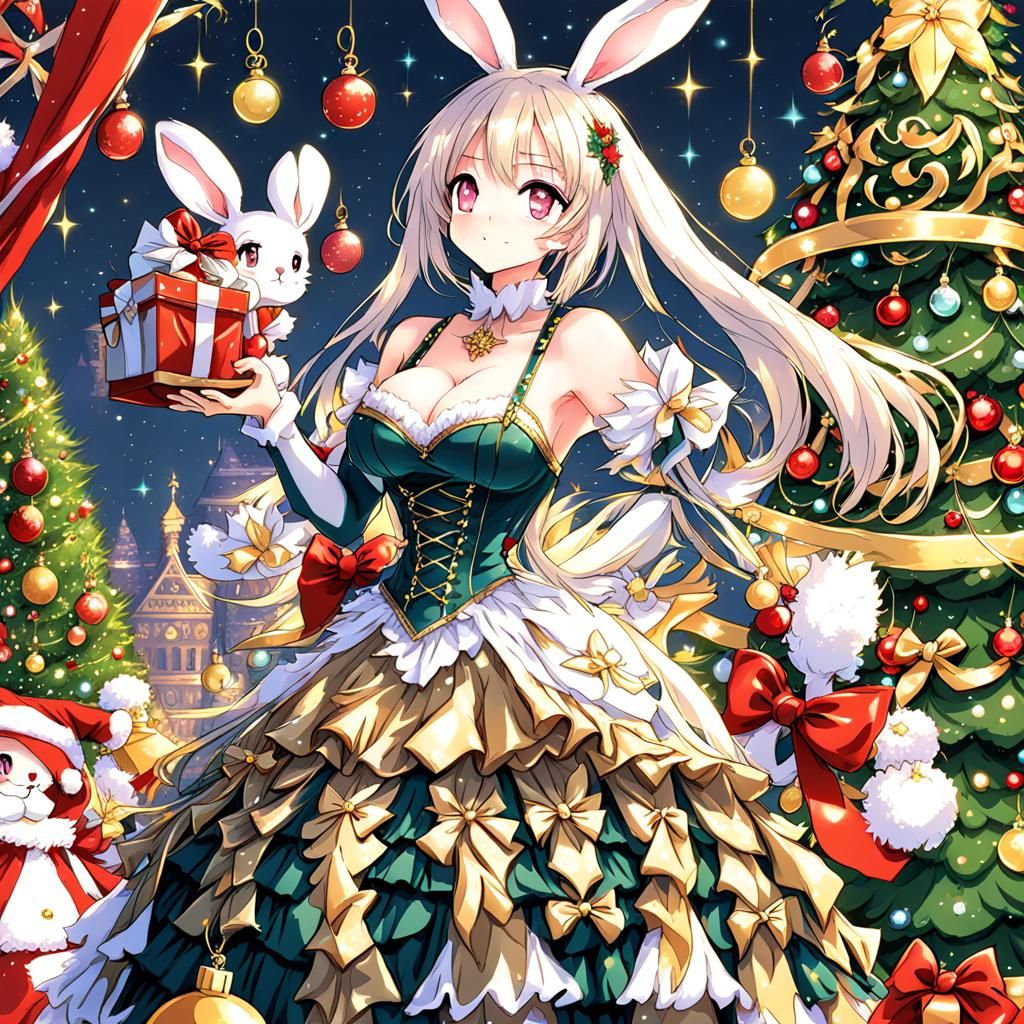 Bunny costumed anime girls decorate Christmas tree