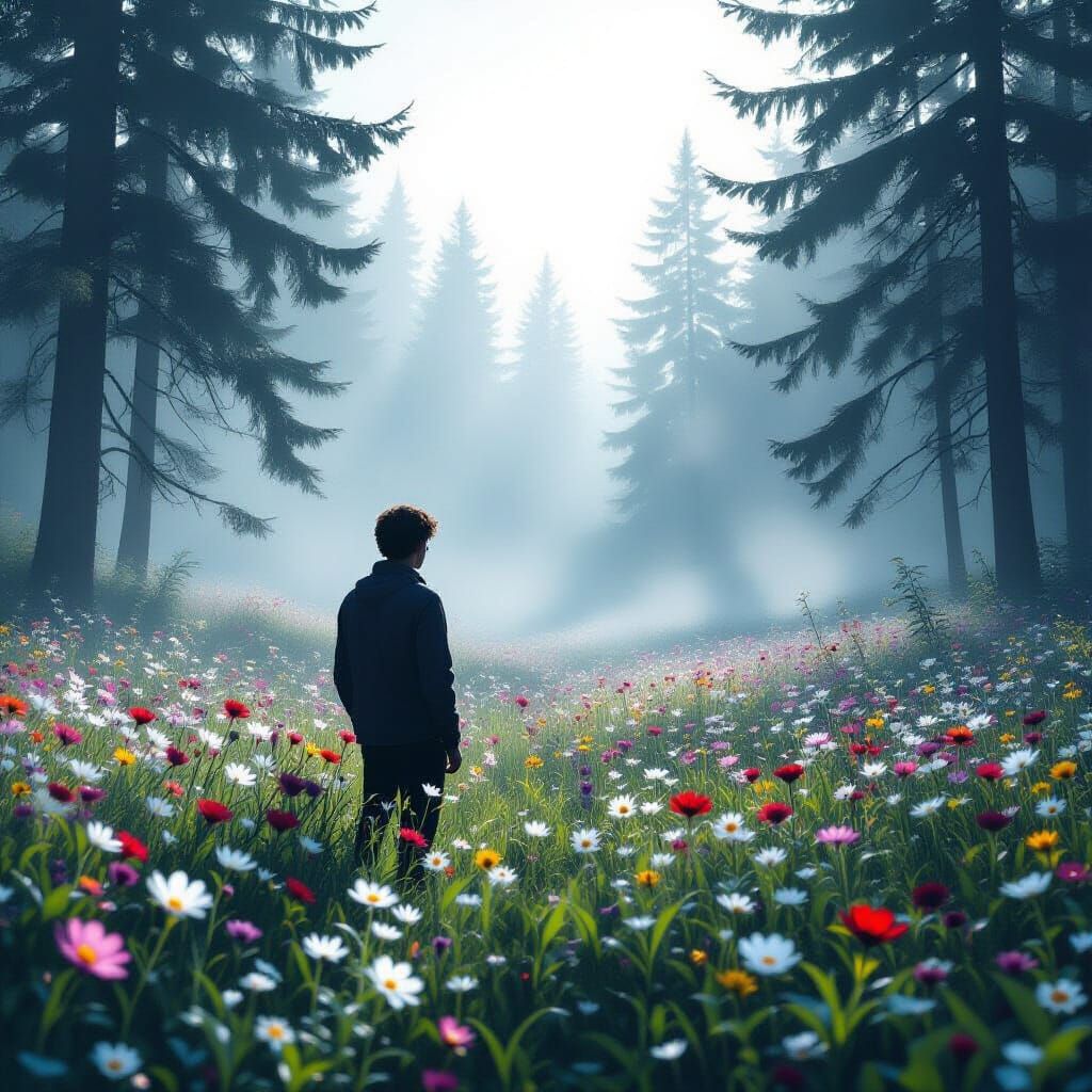 Man in Ethereal Meadow Amidst Foggy Forest