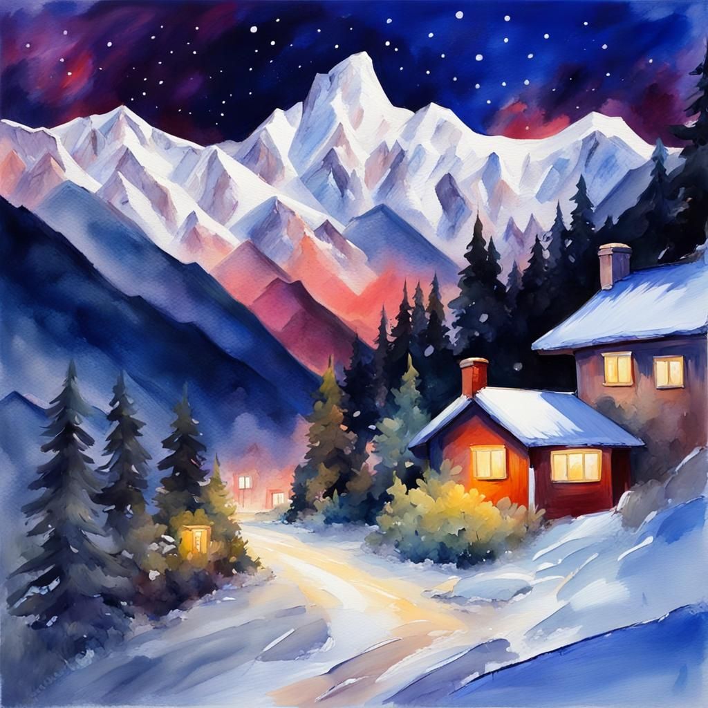 Ethereal Snowy Village Under Starry Night Sky