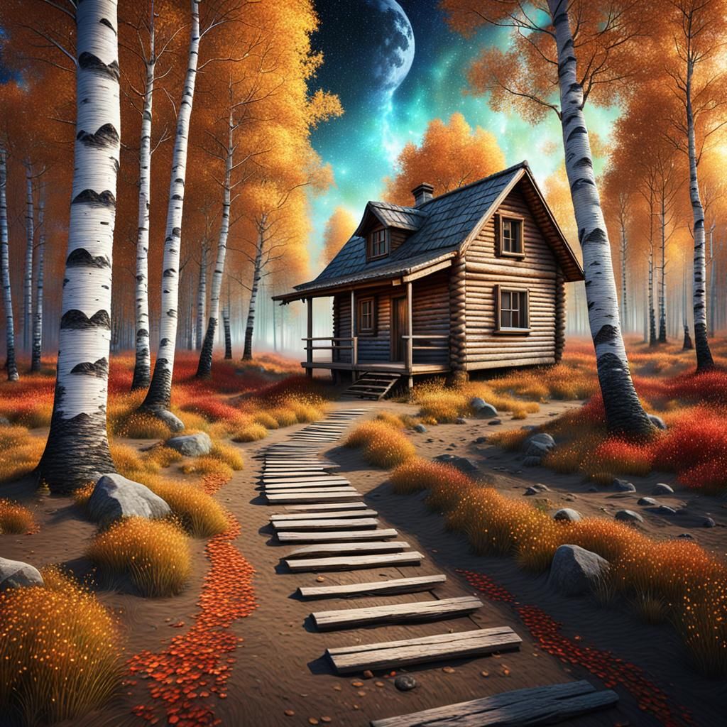 Autumn Birch Groves in Vibrant Hues with Ancient Cabin