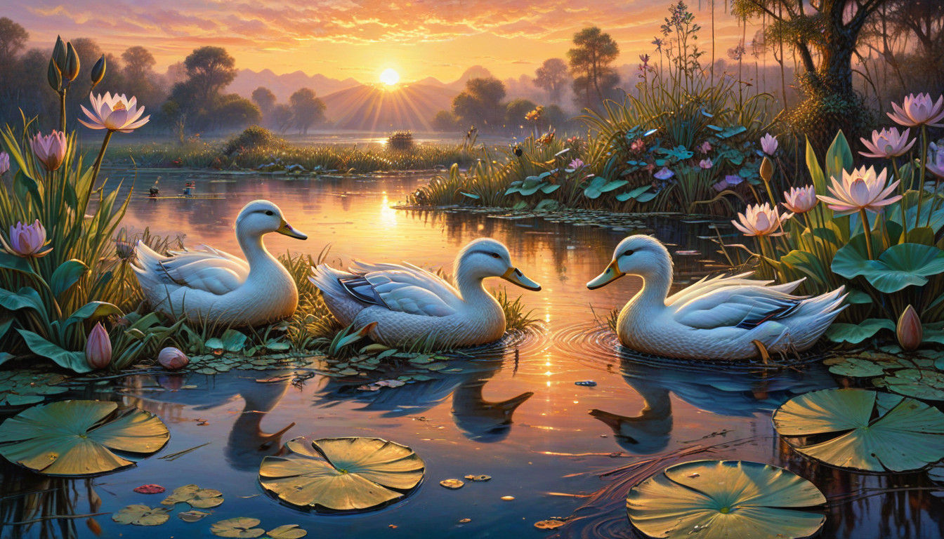 Romantic Ducks in Idyllic Pond Landscape