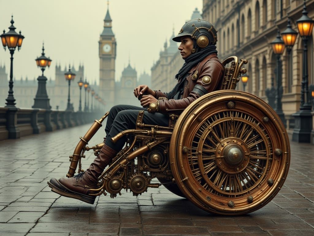 A steampunk wheelchair <lora:Blueprint - Flux:1.0> <lora:Construction MKII:1.0> <lora:Zoviet Schematics:1.0> <lor...