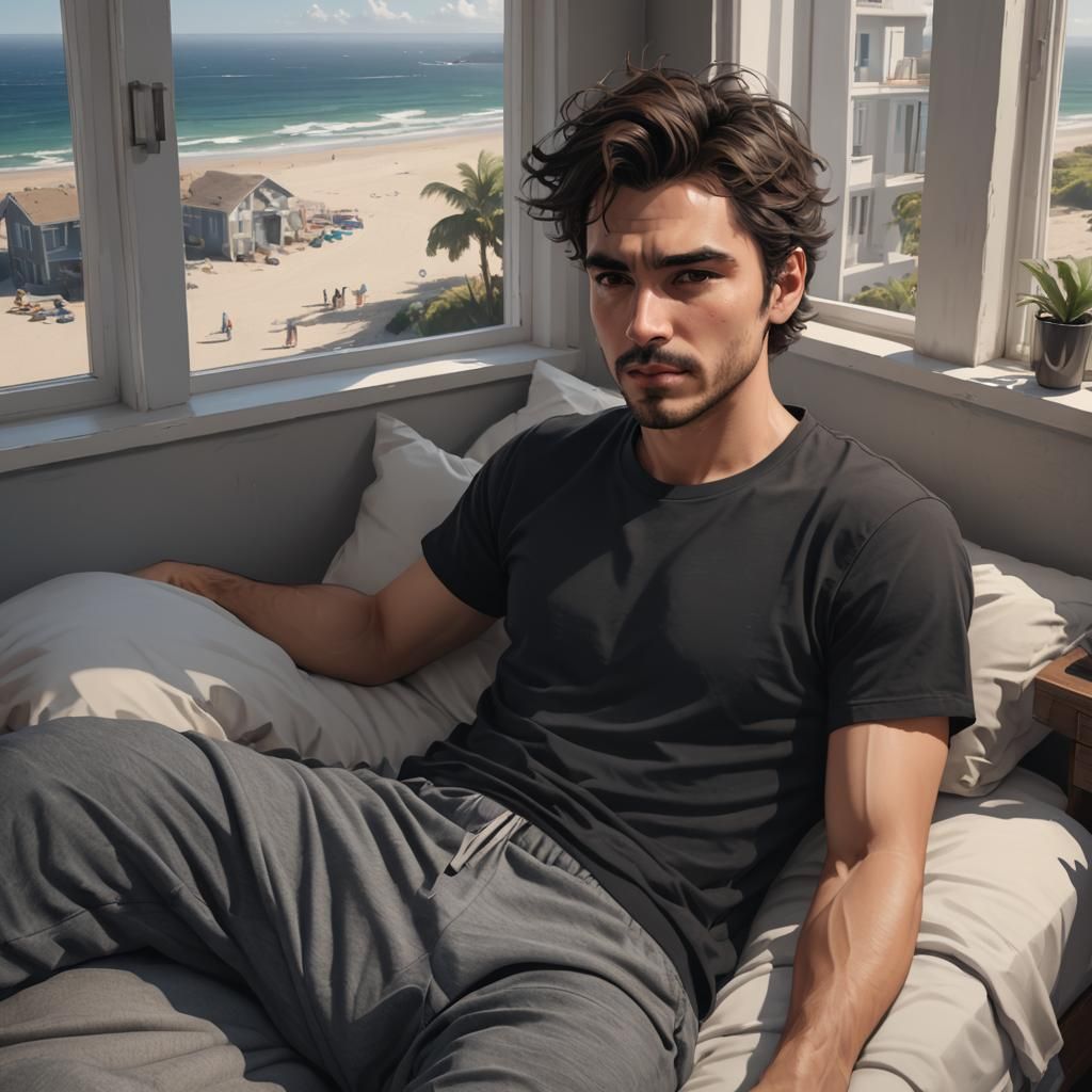 Man Relaxing in a Beachside Bedroom with Unreal Engine 5 Det...