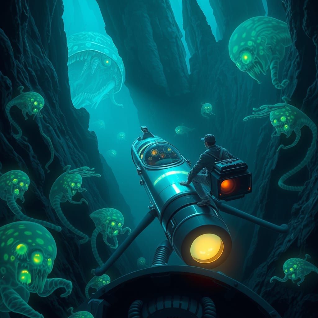 Bioluminescent Submarine Encountering Strange Creatures