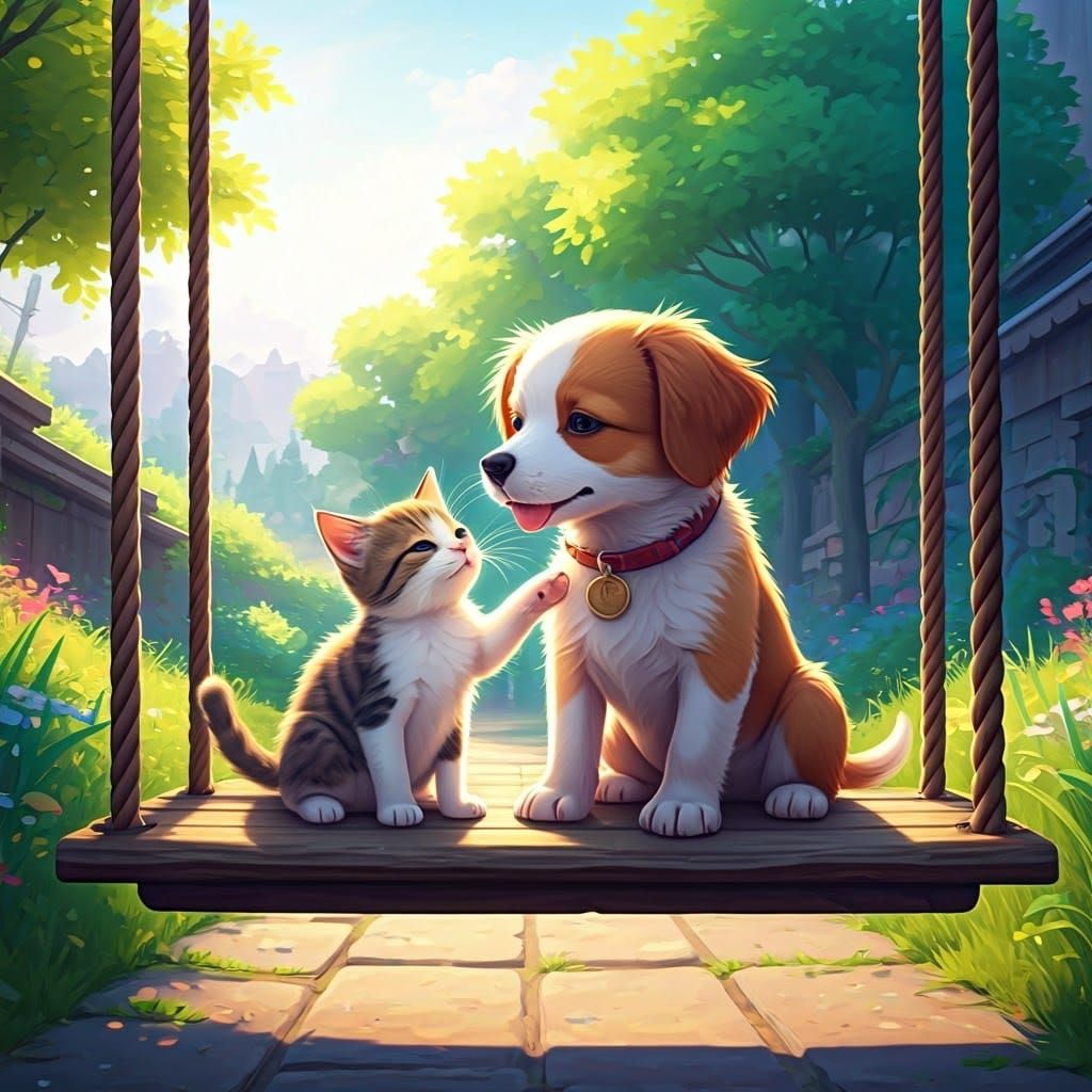 Joyful Furry Friends Swing Together in Vibrant Park