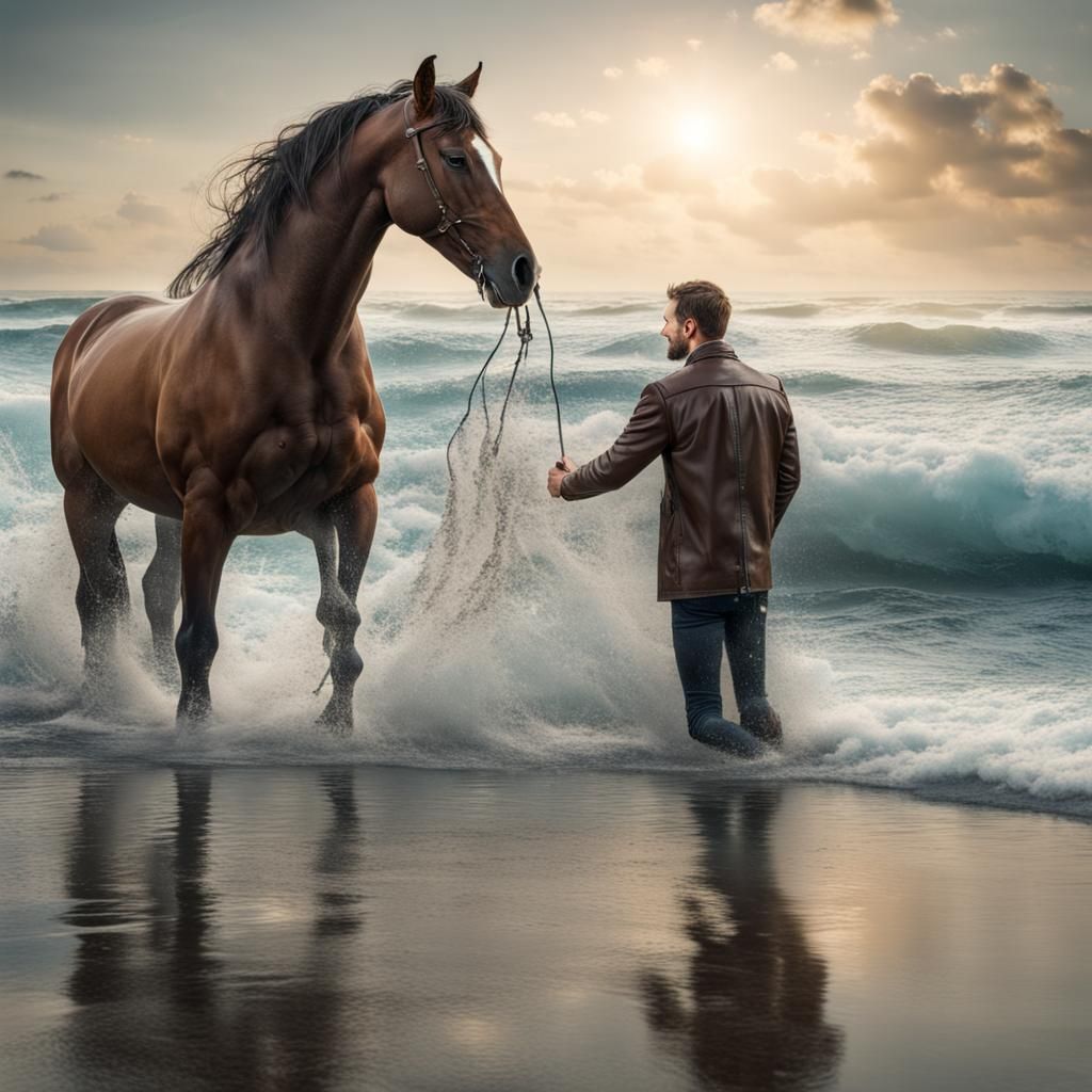 a horse transparent of water coming out of the ocean going t...