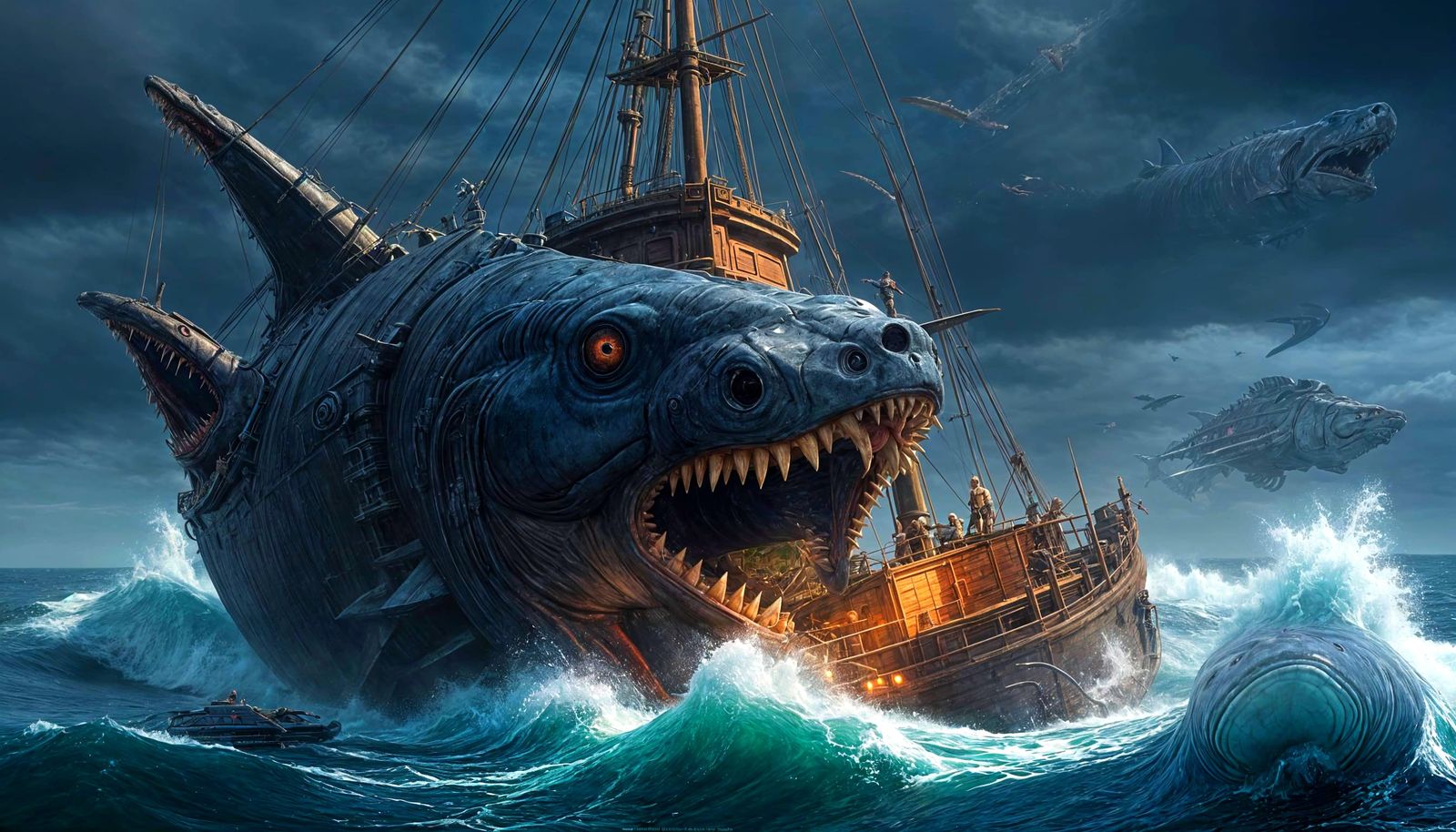 Cyberpunk Dunkleosteus Devours Sinking Ships