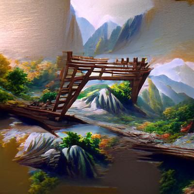 Surreal Landscape with Oil Painted Bridge in the Jungle