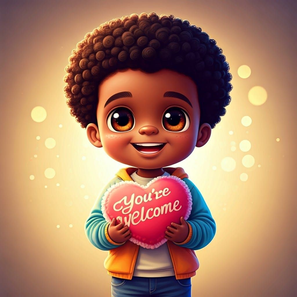 Charming Chibi Boy Holds Heartfelt Gift in Whimsical, Shimme...