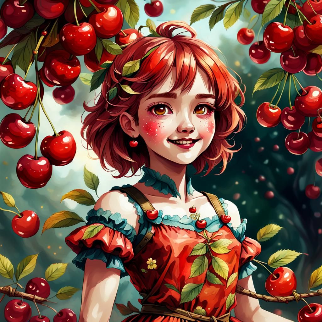 Cute Female Cherry Personification in Digital Watercolor