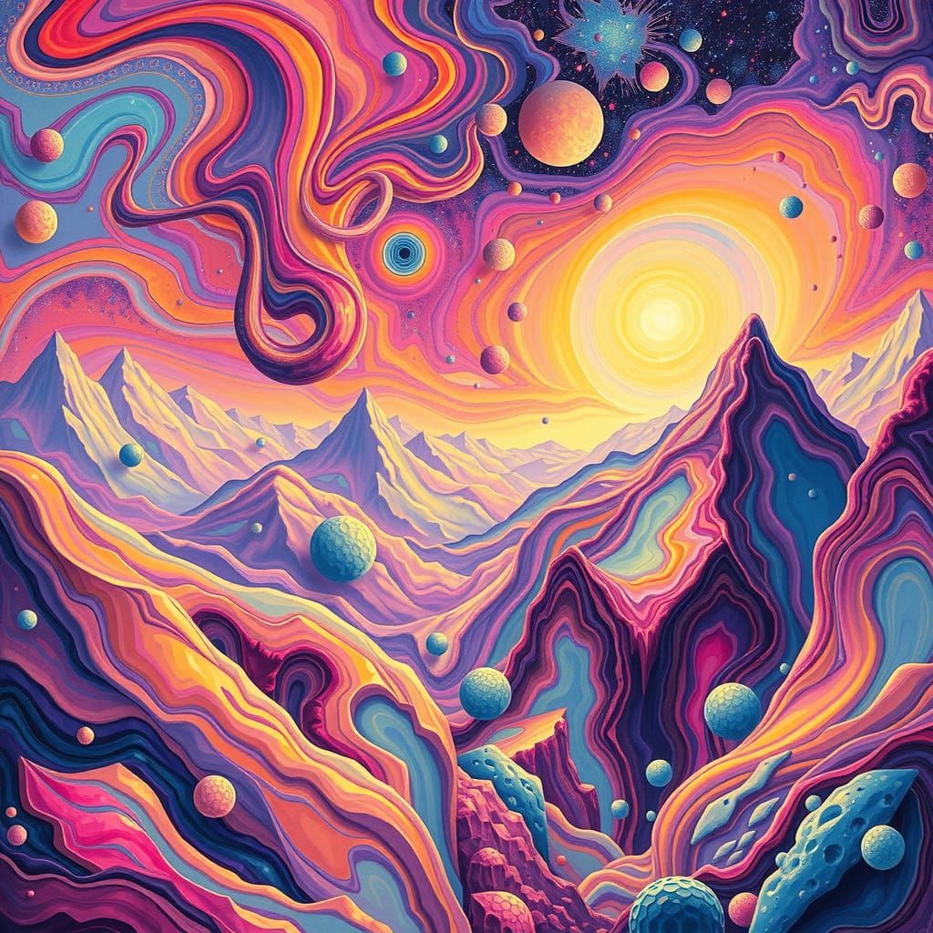 Surreal, Dreamlike Realm of Iridescent Mountains and Crystal...