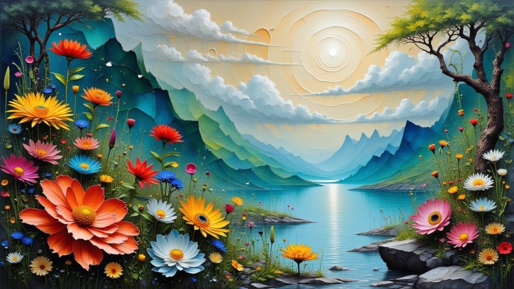 Surreal Wildflowers Bloom in a Dreamlike Lake Scene