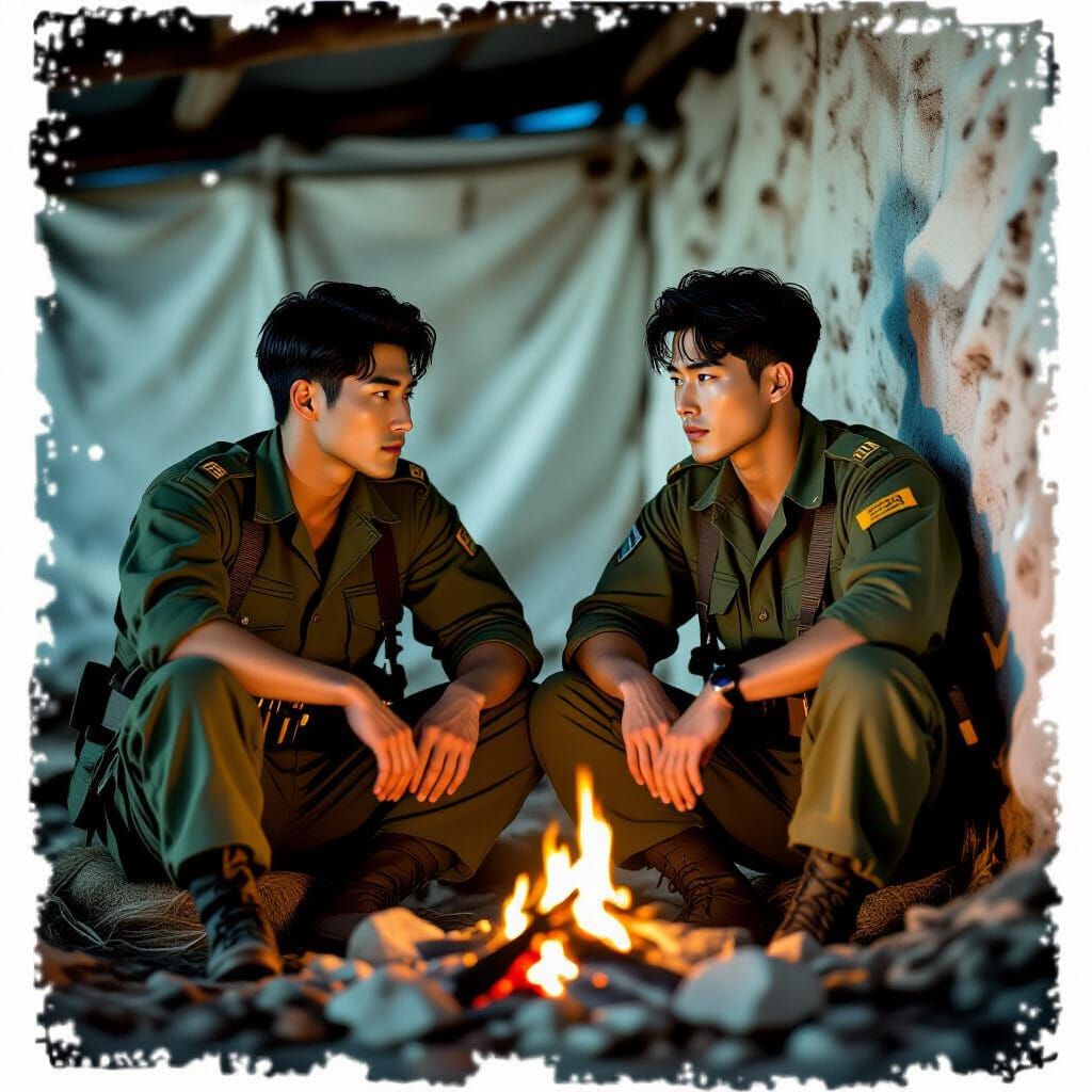Korean Soldiers by Firelight in Pre-Raphaelite Style