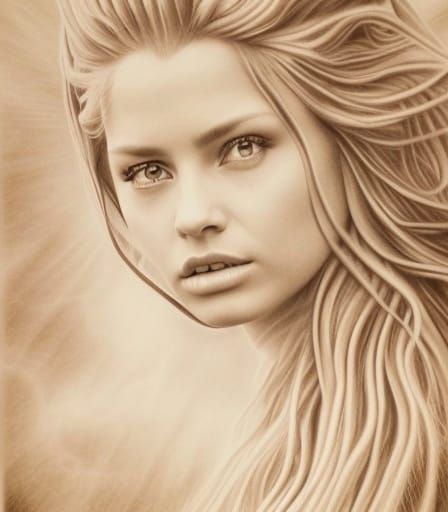 Ethereal Goddess with Cosmic Hair in Surrealist Pencil Drawi...