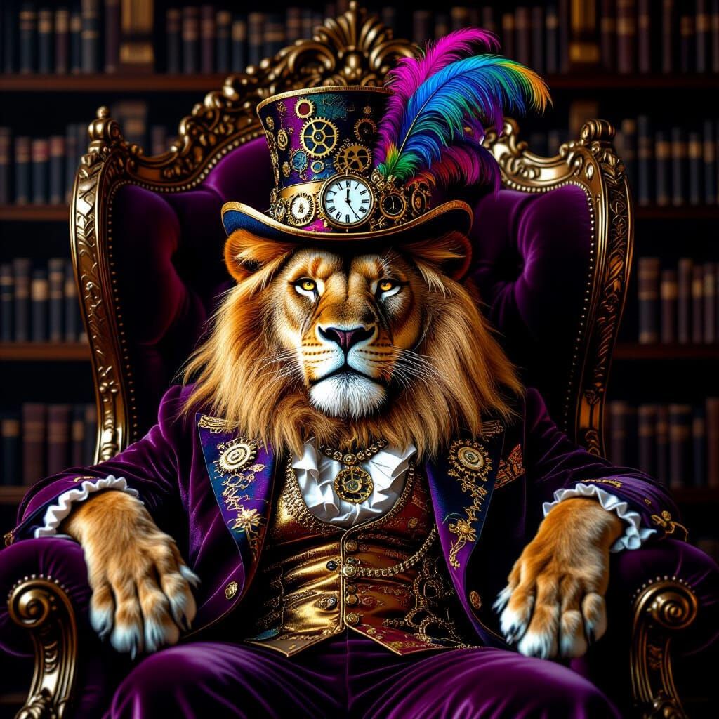 Steampunk Lion King in Victorian Library