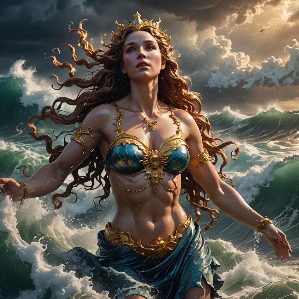 A Photorealistic Goddess Rises from the Stormy Sea in Hyperr...