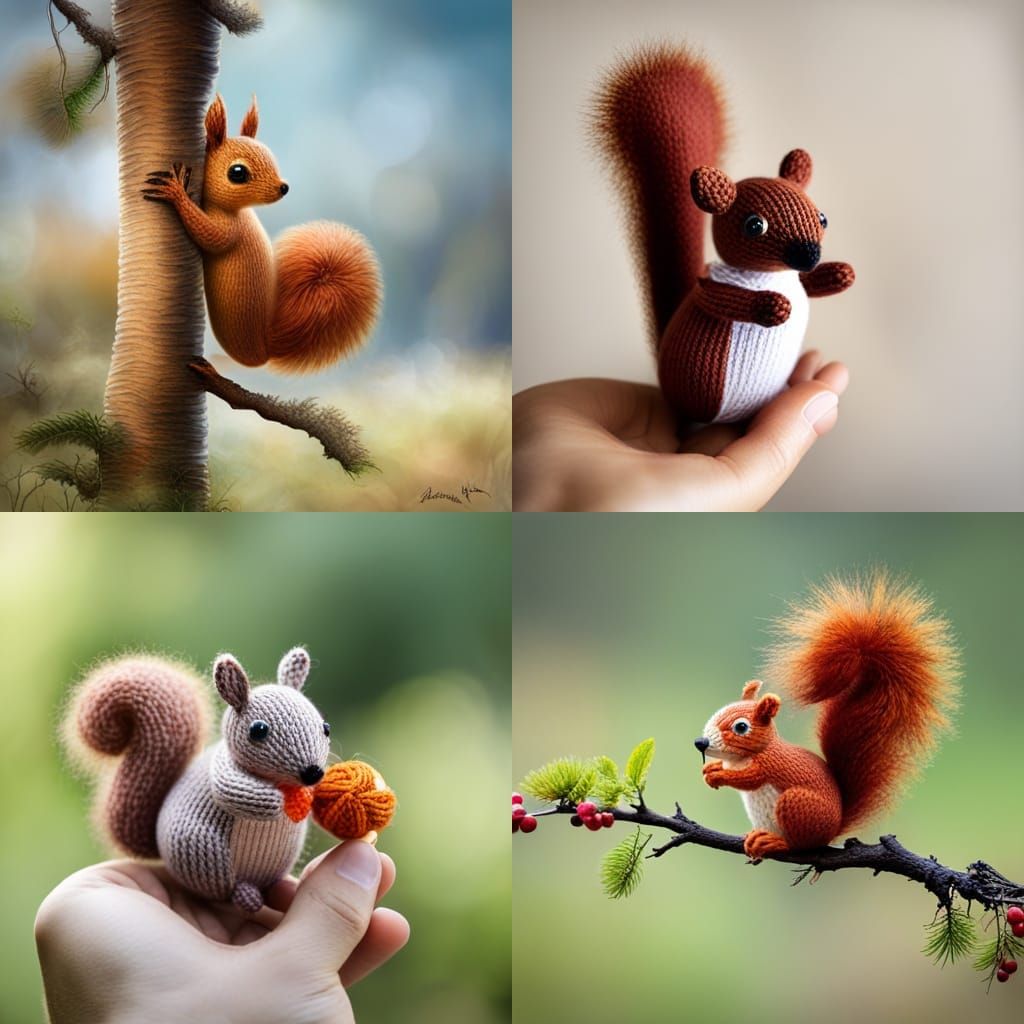 Cute Knitted Squirrel Perched on Branch