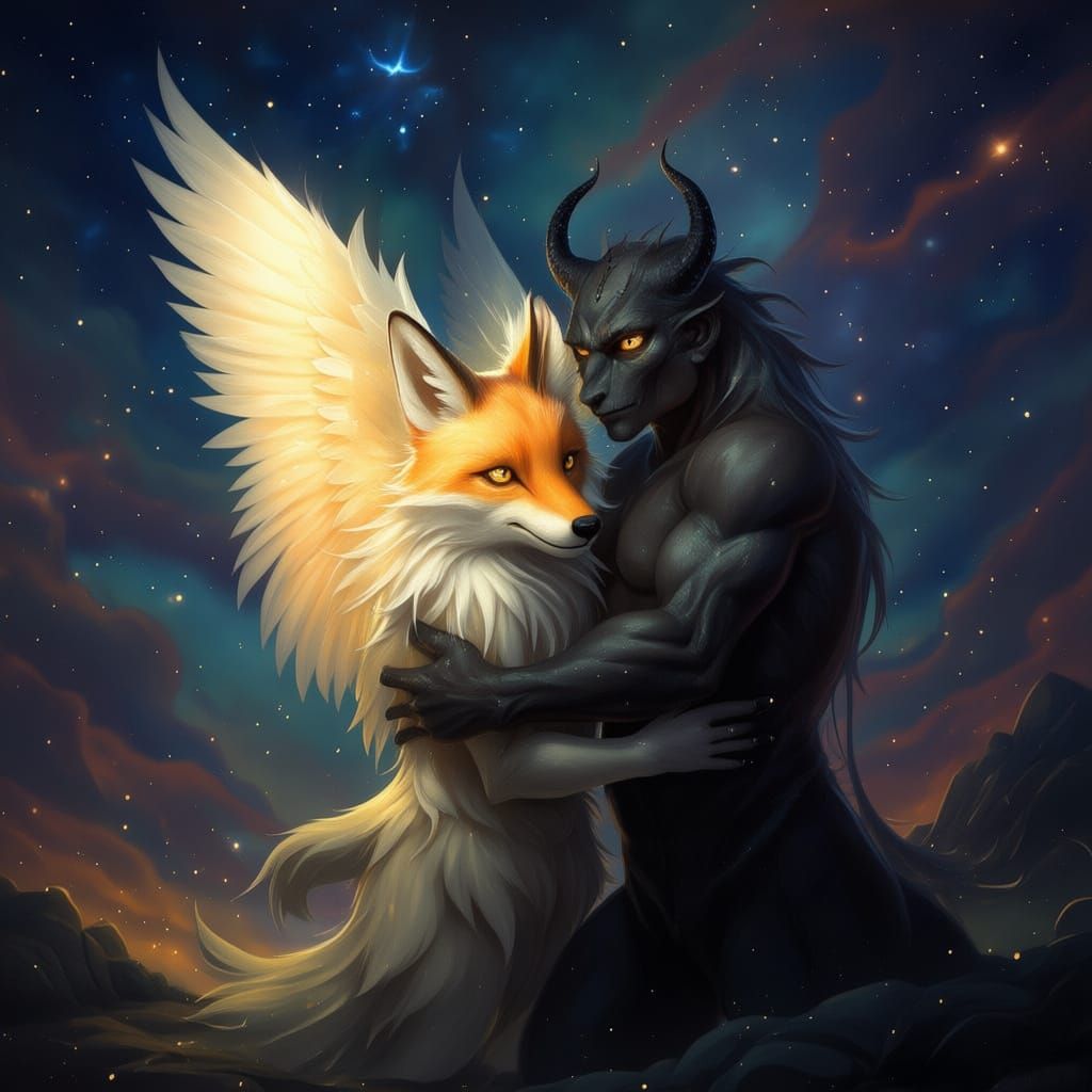 Angel and Demon Embrace Amidst Cosmic Swirls