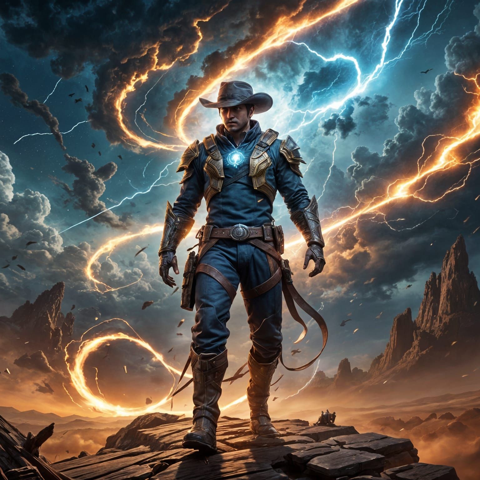 Epic Space Opera Cowboy Lassoing Lightning Storm