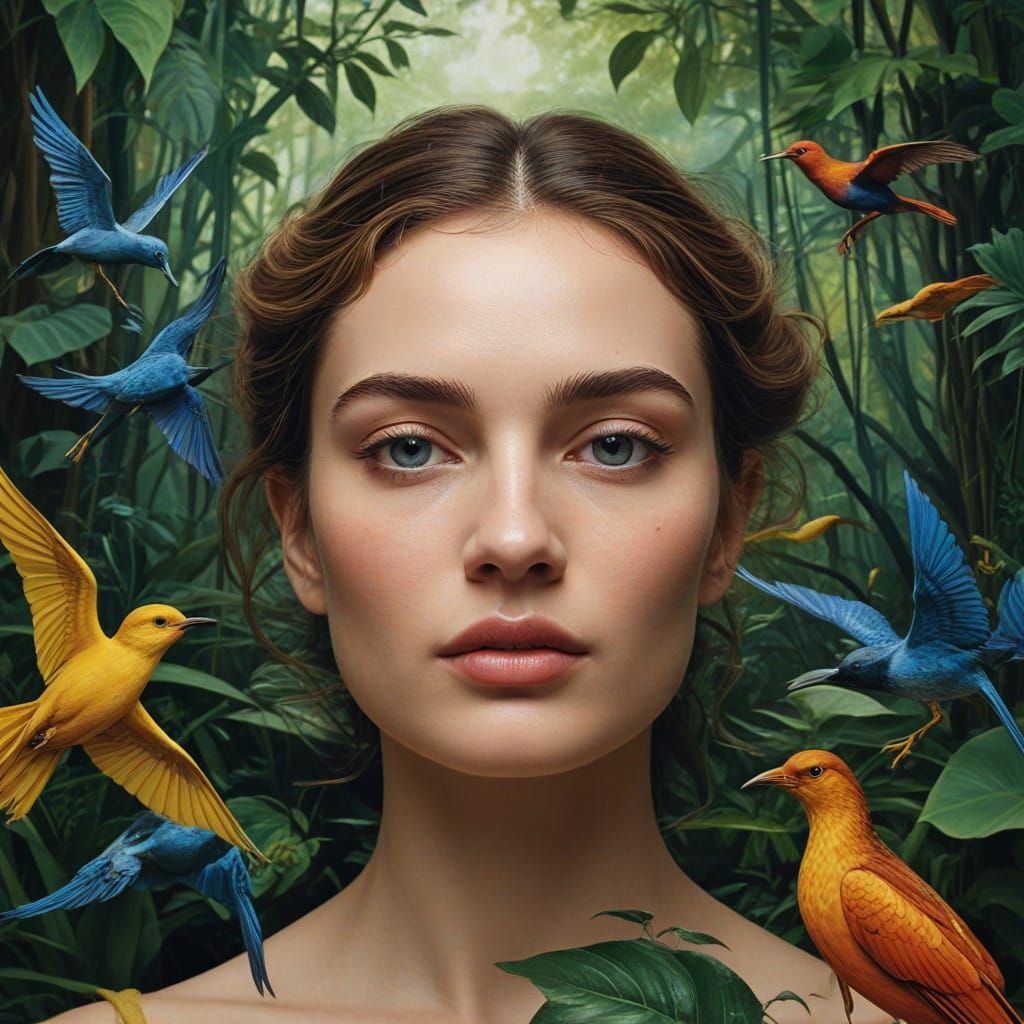 Dreamlike Portrait of a Serene Woman in a Lush Forest