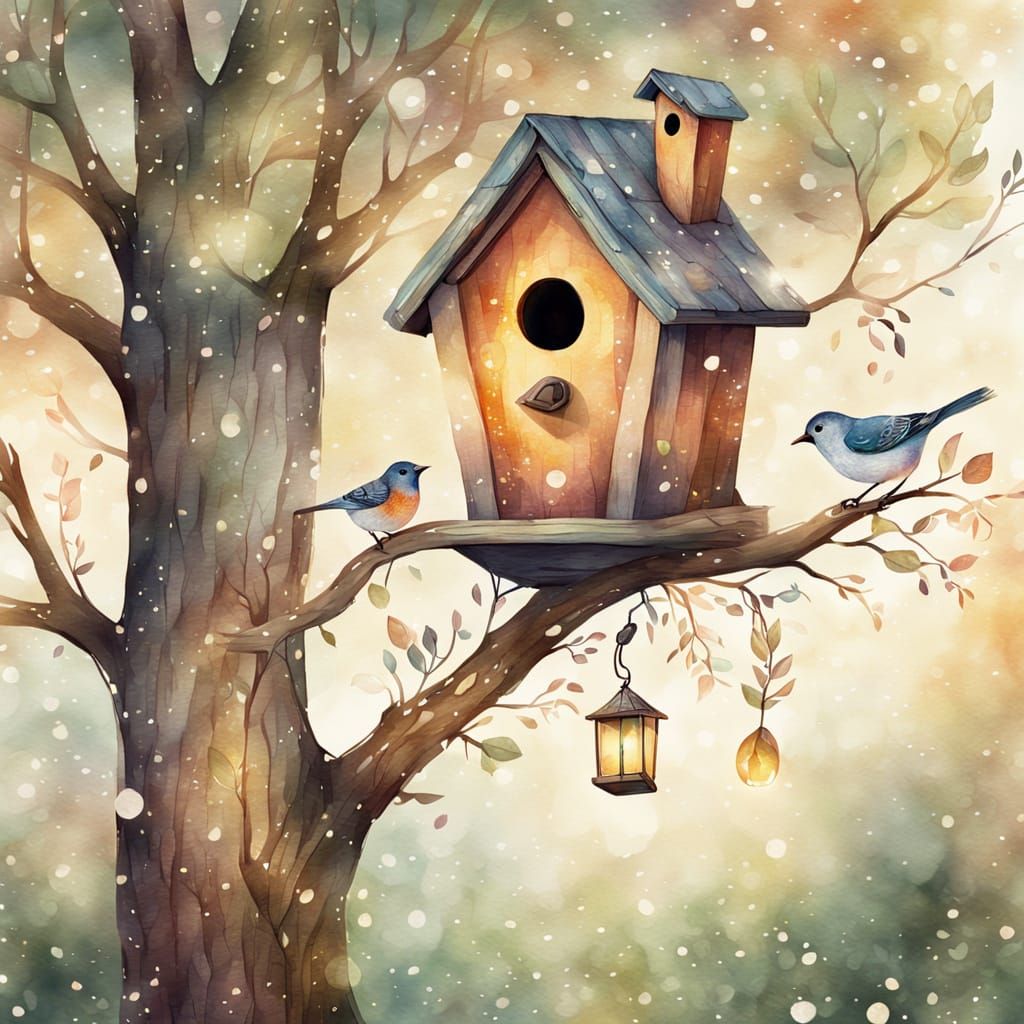 Whimsical Woodland Birdhouse in Watercolor Style