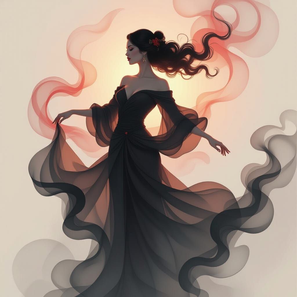 Ethereal Smoke Woman Portrait in Ink Wash Style