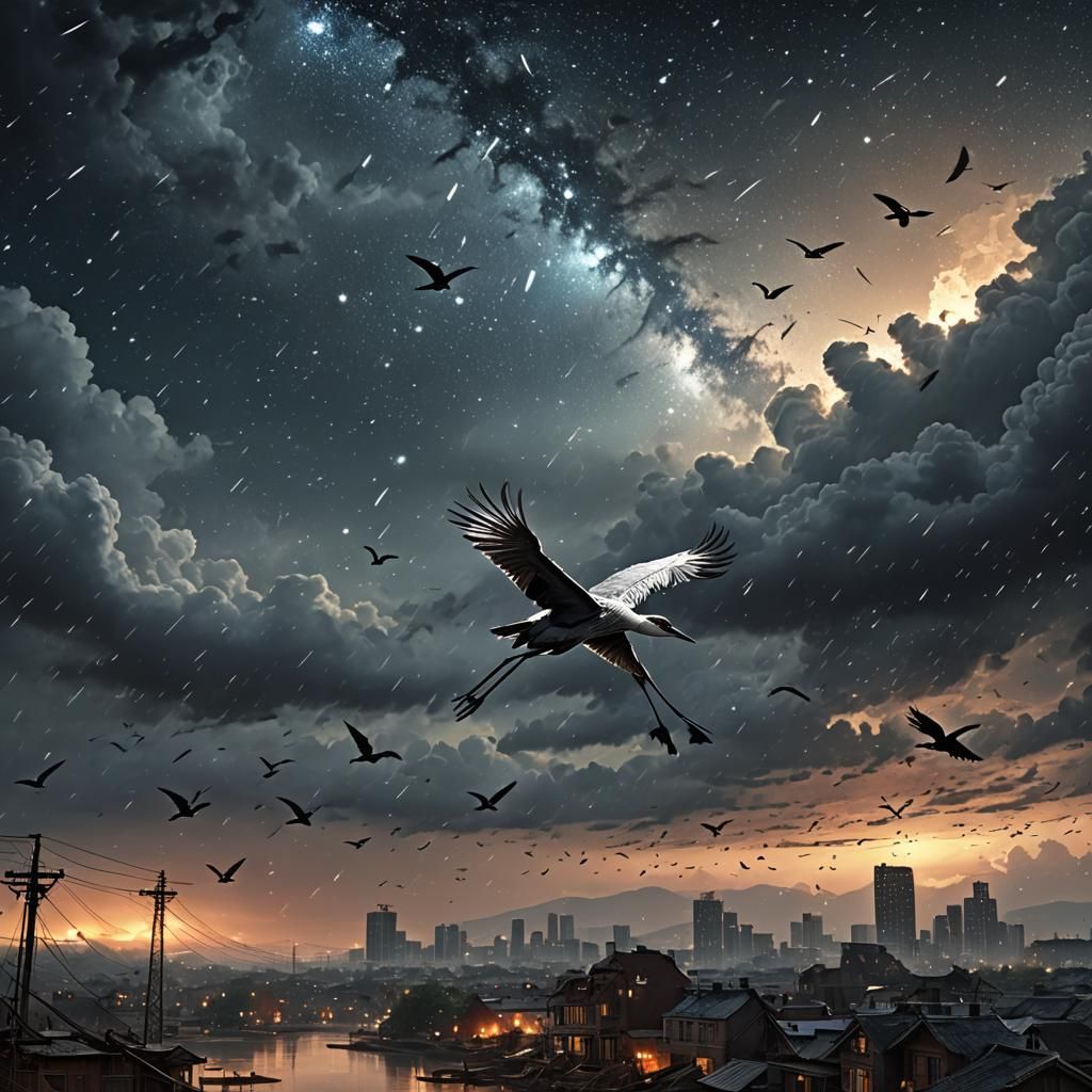 Fantastical Landscape with Falling Stars in a Gray Sky