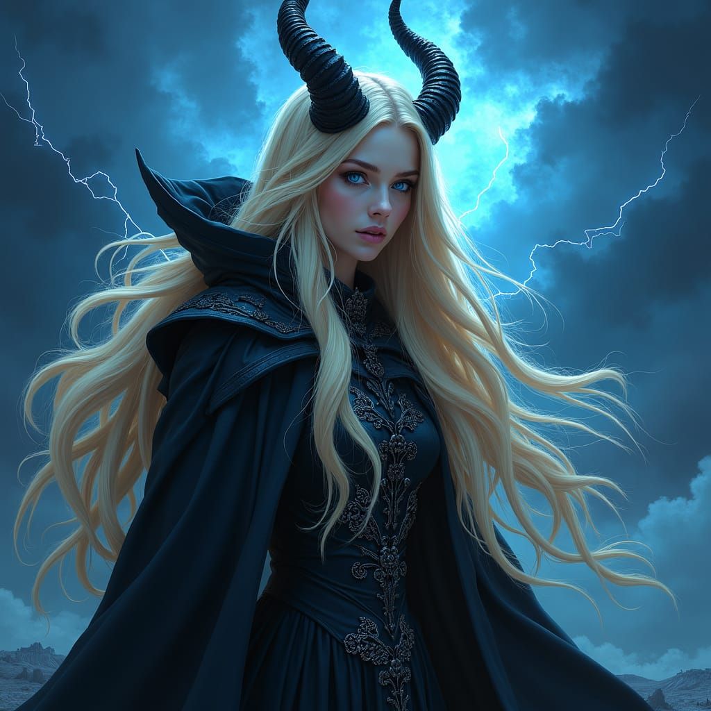 Stormy Night Beauty with Horns in Dark Fantasy Style