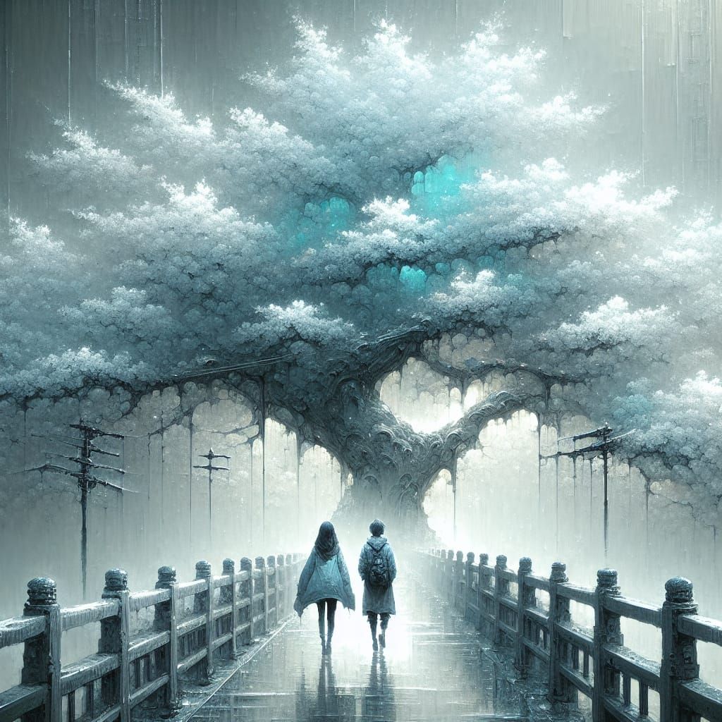 two people walk the bridge under a large cherry blossom, in ...