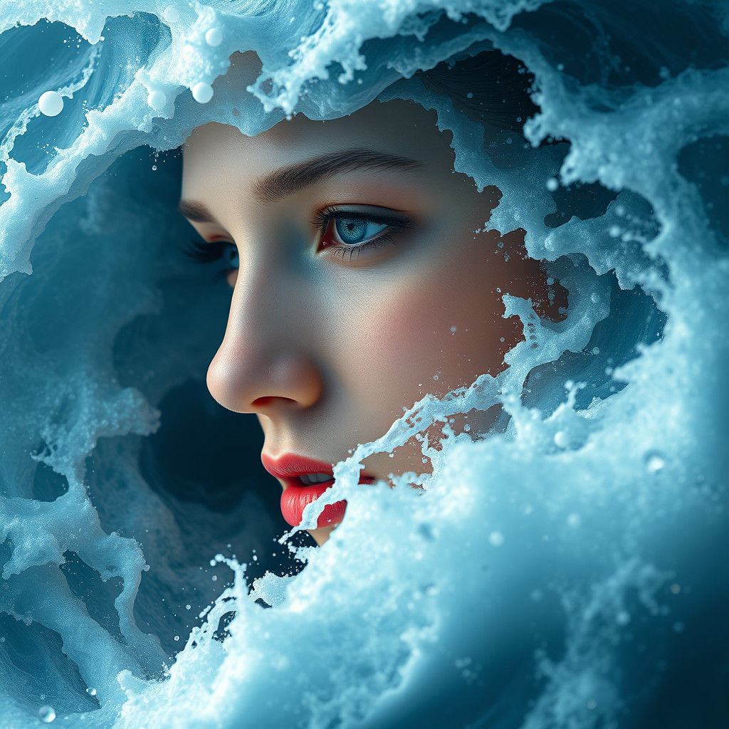 A person’s face dissolving into crashing ocean waves.