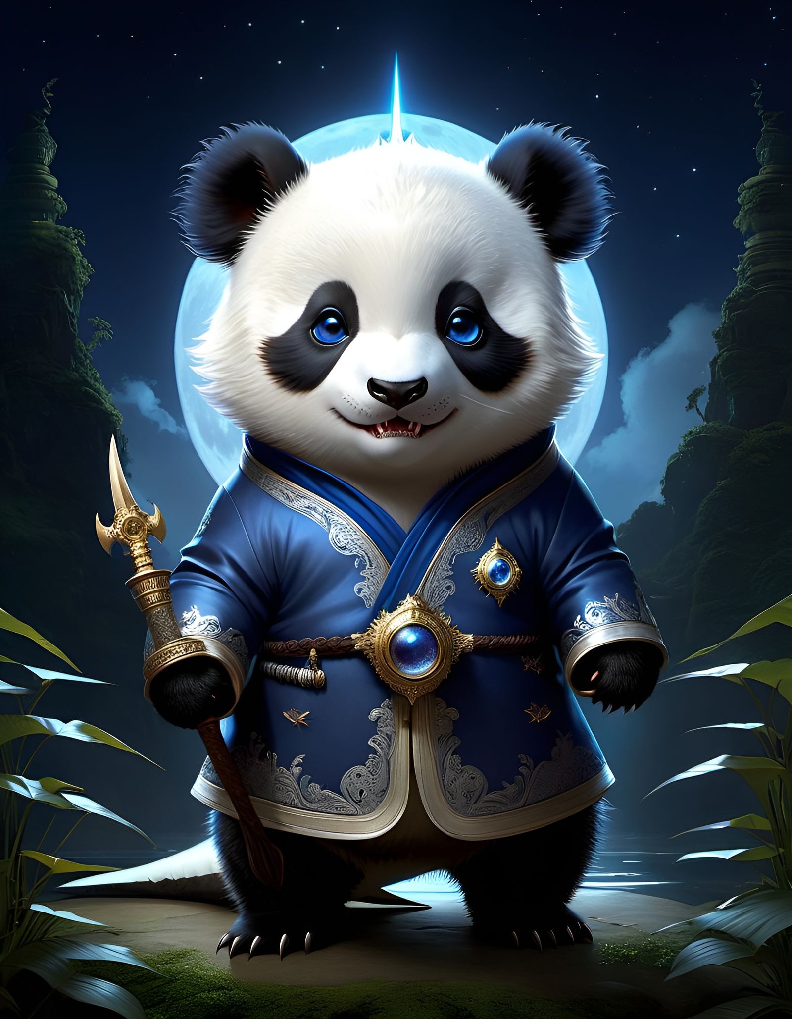 Glowing Panda Shark Hybrid Under Moonlit Night Forest