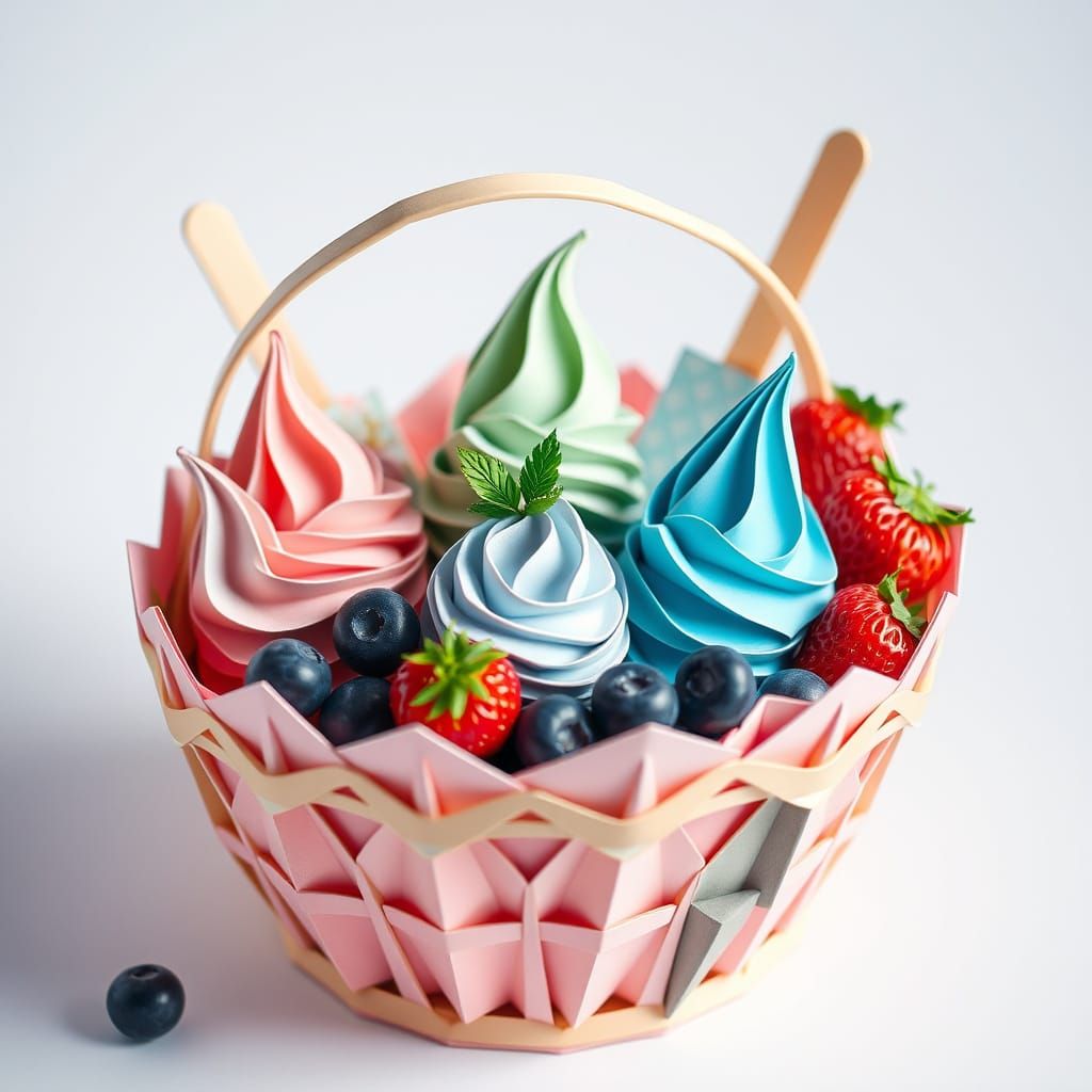 Origami Basket of Ice Cream in Pastel Hues