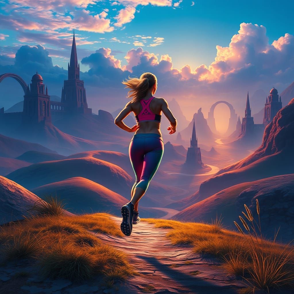 Woman Runs Through Dreamscape in Vibrant Athletic Wear