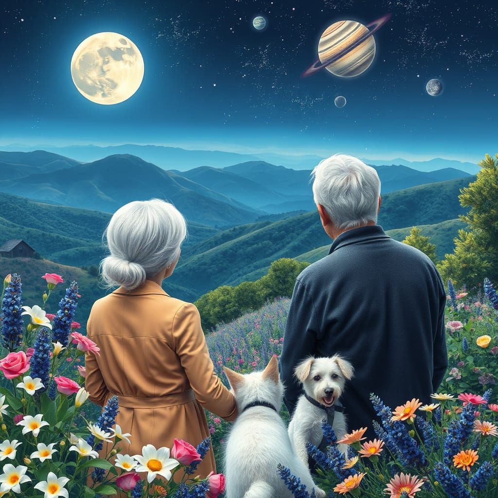 Elderly Couple Contemplates Eternity in Vibrant Garden