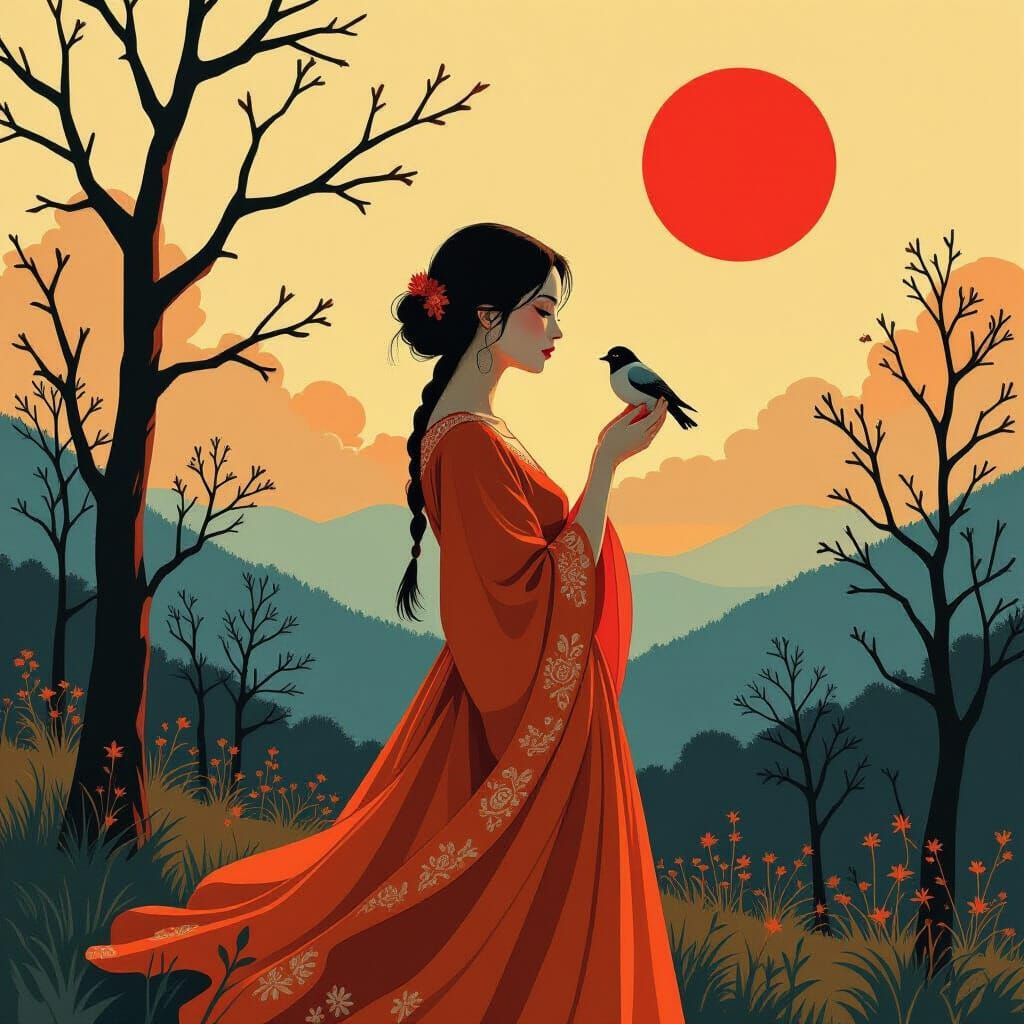A serene figure in a flowing orange dress holds a small bird...