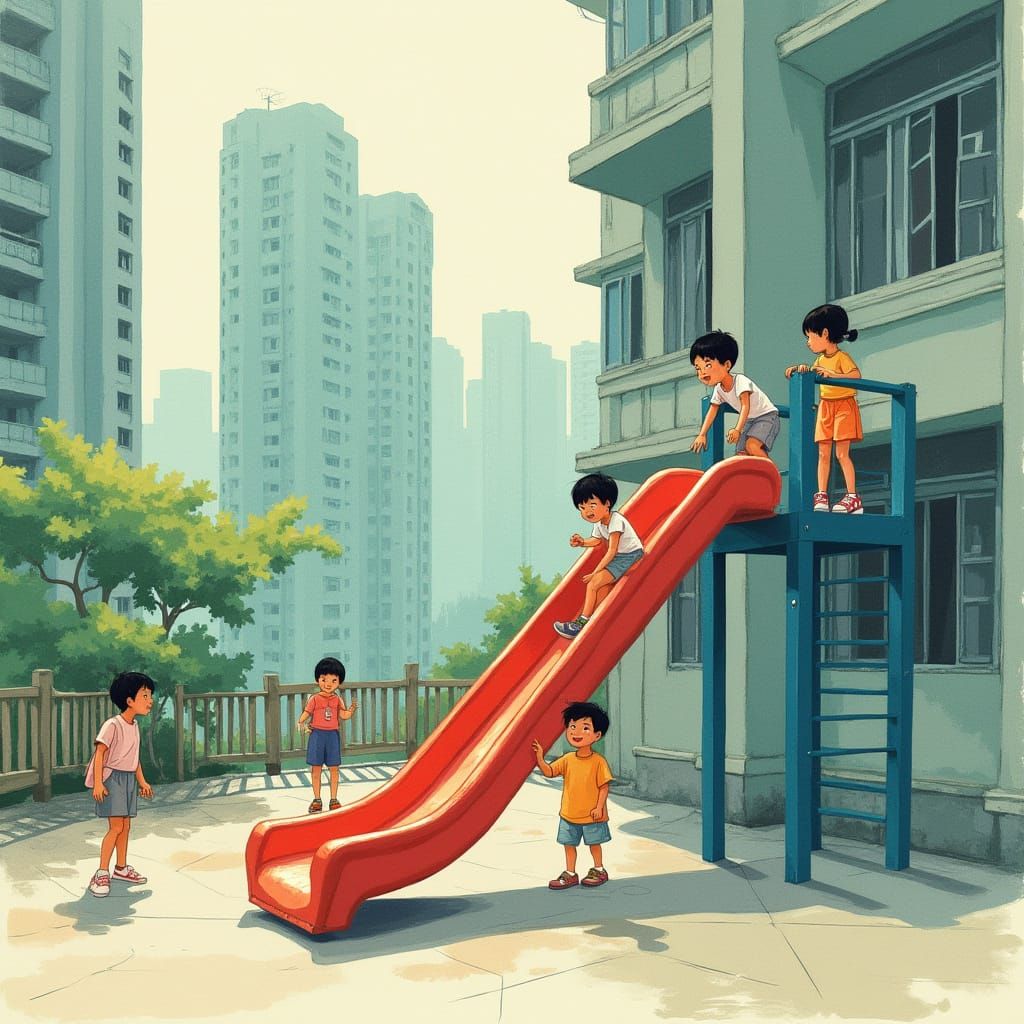 Nostalgic 80s Hong Kong Childhood on Red Playground Slide