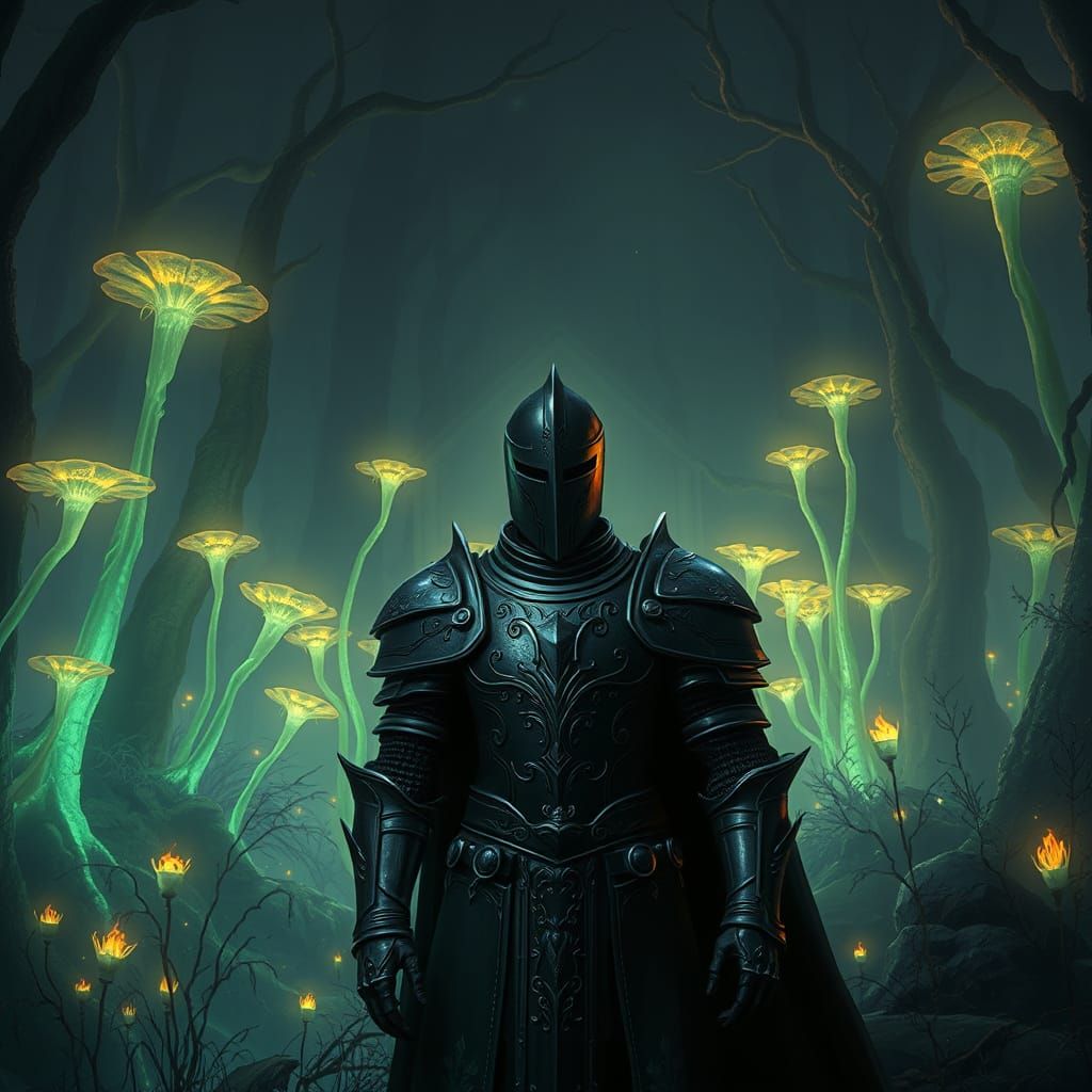 Victorian Knight in Bioluminescent Enchanted Forest