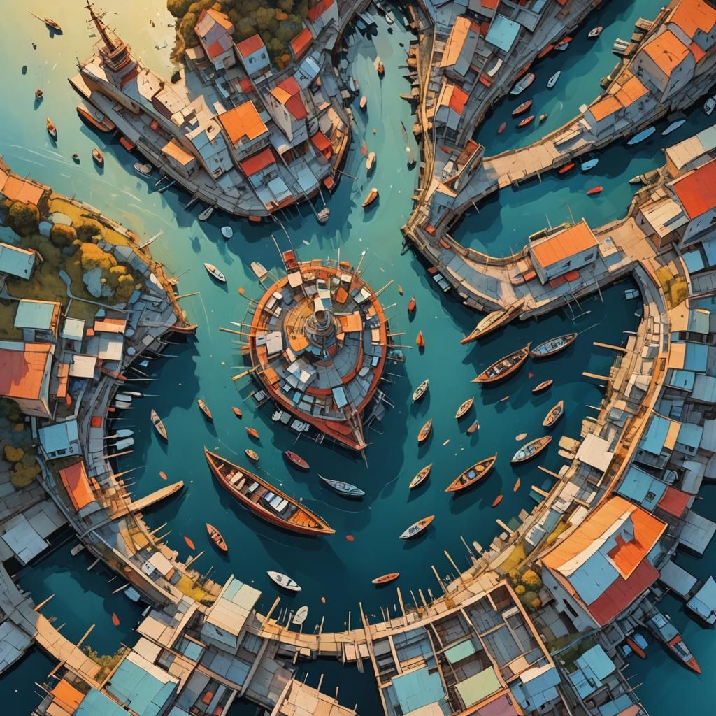 Vibrant Sunset Harbor in Dreamlike Landscape