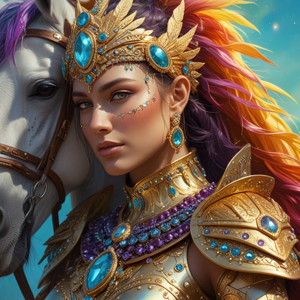 Rainbow Warrior in Gold Armor Fantasy Art