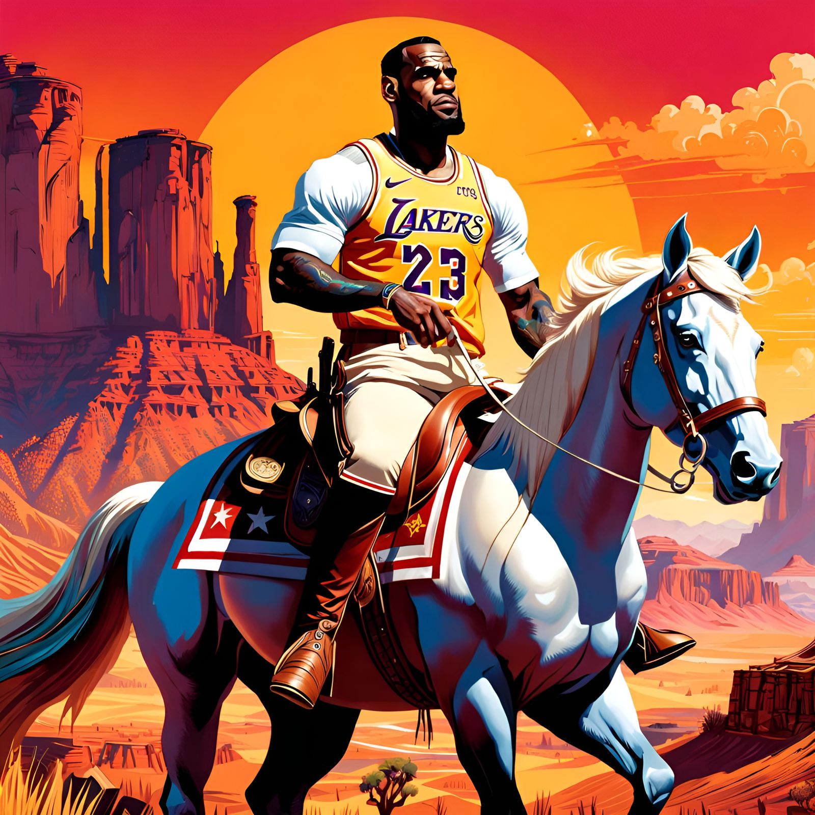LeBron James Rides a Bronco with Western Sunset
