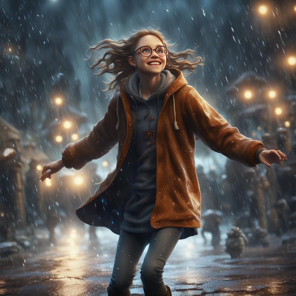 Surreal Girl Dances in Vibrant Rainy Scene, in Fantastical S...